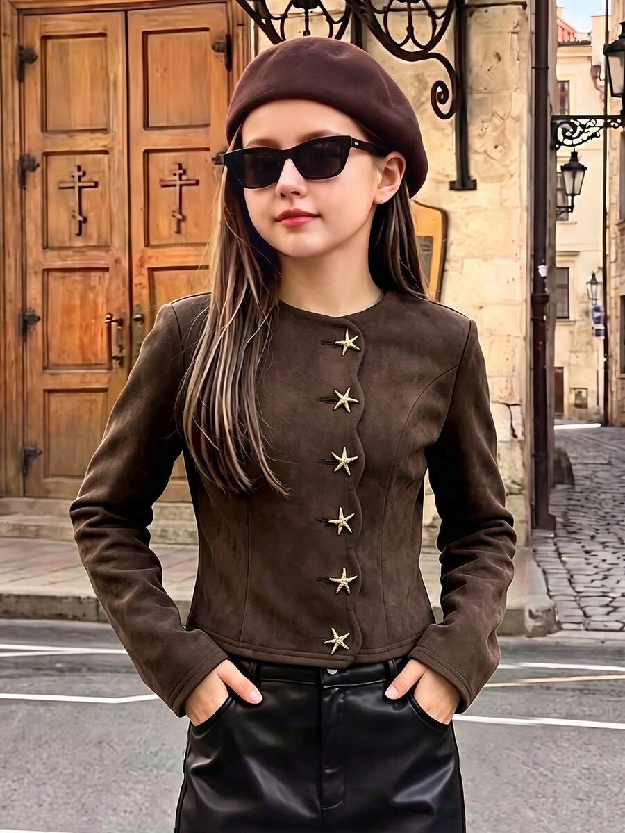Girls' Urban Fashion Suede Jacket With Scalloped Edge, Open Front And Metal Button Decor, Back To School Campus Outfit, Autumn/Winter Casual Daily Wear - Brown - View 1