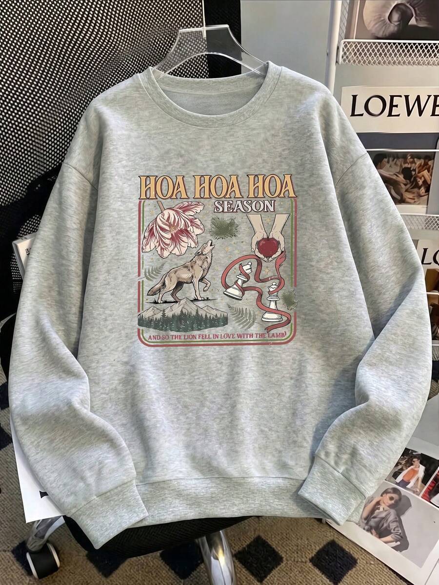 Women's Daily Wolf-Themed Prints Round Neck Long Sleeve Casual Spring/Fall/Winter Hoodie Tops For Women - Light Grey - View 1