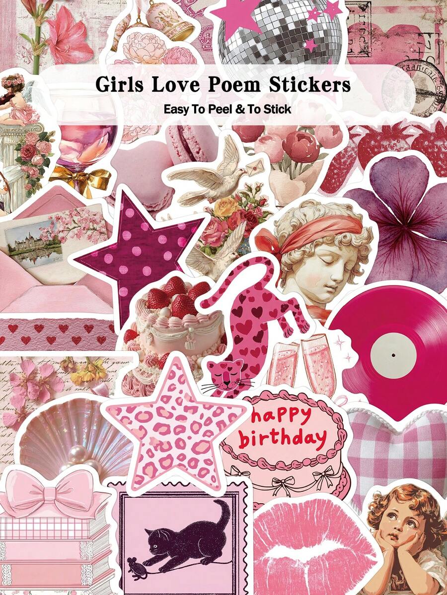 50pcs Girls Love Poem Sticker For Laptops, Skateboards, Guitars, Helmets, Holiday Parties, Classroom Diy Decorations, And As Holiday Gifts For Good Friends. - A - View 1
