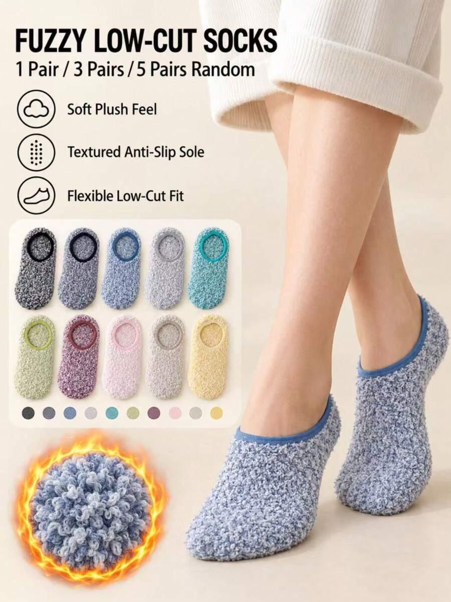 1/3/5 Pairs, Random Colors Women's Fuzzy Slipper Socks, Non-Slip Low ...