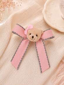 1pc Plush Bear Bow Hair Clip, Girls Flower Girl Vintage Crocodile Clip, Autumn Children's Daily Hair Accessory - Multicolor - View 4