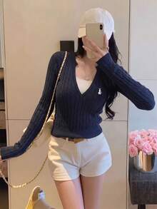 Autumn/Winter New Korean Style Sweet Casual Knit Sweater For Women, Color-Block Cable Knit Texture V-Neck Top, Rabbit Embroidery Slimming Long Sleeve Base Layer, Versatile For Daily Commute - Navy Blue - View 3