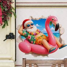 1pc Santa Relaxing On Flamingo Float Wall Break Wall Sticker Self-Adhesive Waterproof Removable Vinyl For Living Room Kitchen Window Glass Door And Holiday Home Decor With Colorful Printed Artwork Smooth Surface Easy Peel And Stick Design - A - View 2
