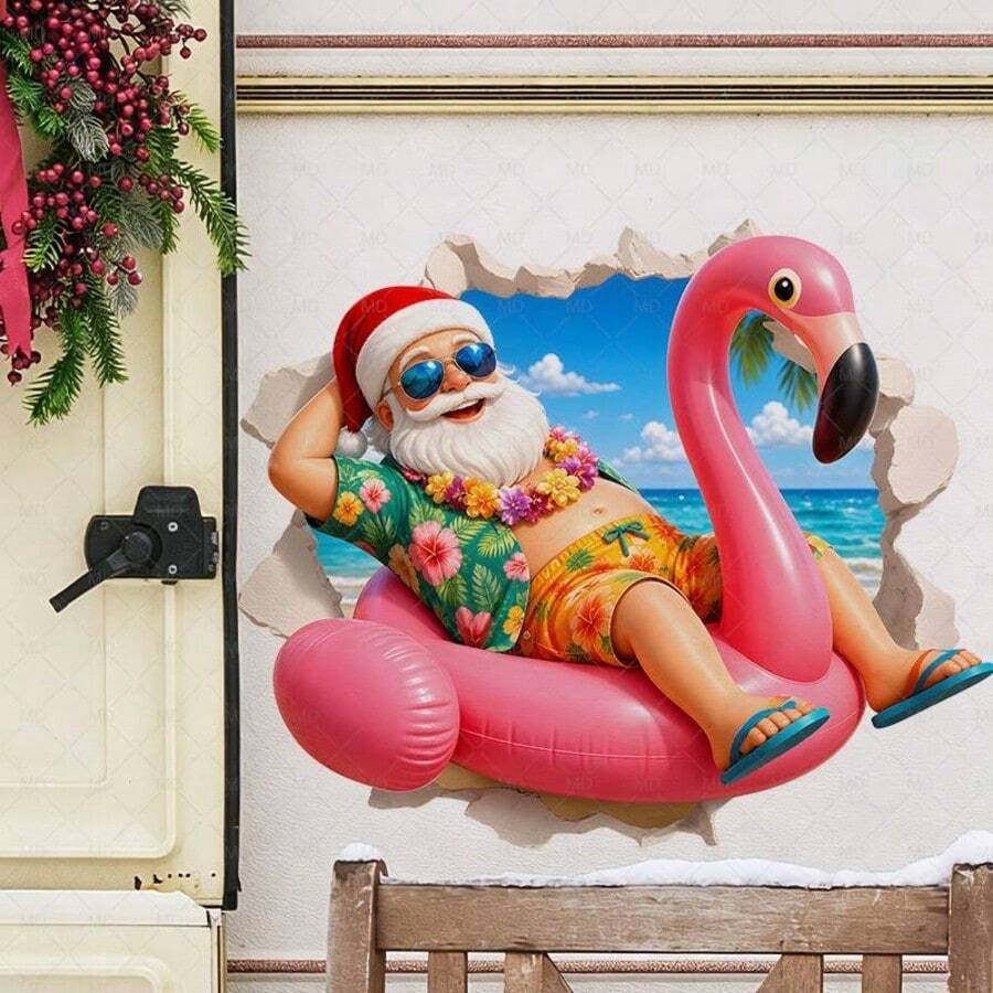 1pc Santa Relaxing On Flamingo Float Wall Break Wall Sticker Self-Adhesive Waterproof Removable Vinyl For Living Room Kitchen Window Glass Door And Holiday Home Decor With Colorful Printed Artwork Smooth Surface Easy Peel And Stick Design