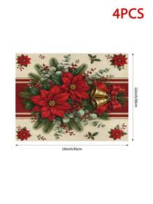 Classic Vintage Christmas Table Runner, Throw Pillow, Placemat, Red Poinsettia, Gold Bell, Red Ribbon, Pine Branch, Holly Berry Print, Country Style Kitchen Dining Table Decor Long Cloth, Holiday Party Decoration - Multicolor - View 15