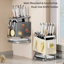 1pc Integrated Knife Holder Storage Rack, Multifunctional Wall‑Mounted & Countertop Dual‑Use Draining Cutlery Organizer, Kitchen Utensil Storage Holder - Multicolor - View 10