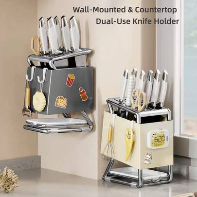 1pc Integrated Knife Holder Storage Rack, Multifunctional Wall‑Mounted & Countertop Dual‑Use Draining Cutlery Organizer, Kitchen Utensil Storage Holder