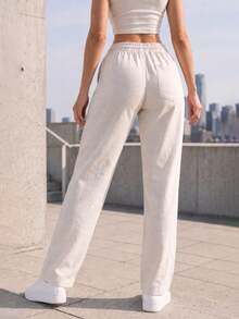 Women High Waist Wide Leg Pants Loose Fit Casual Trousers With Drawstring Waist Solid Color Pants For Everyday Outfit. - White - View 6
