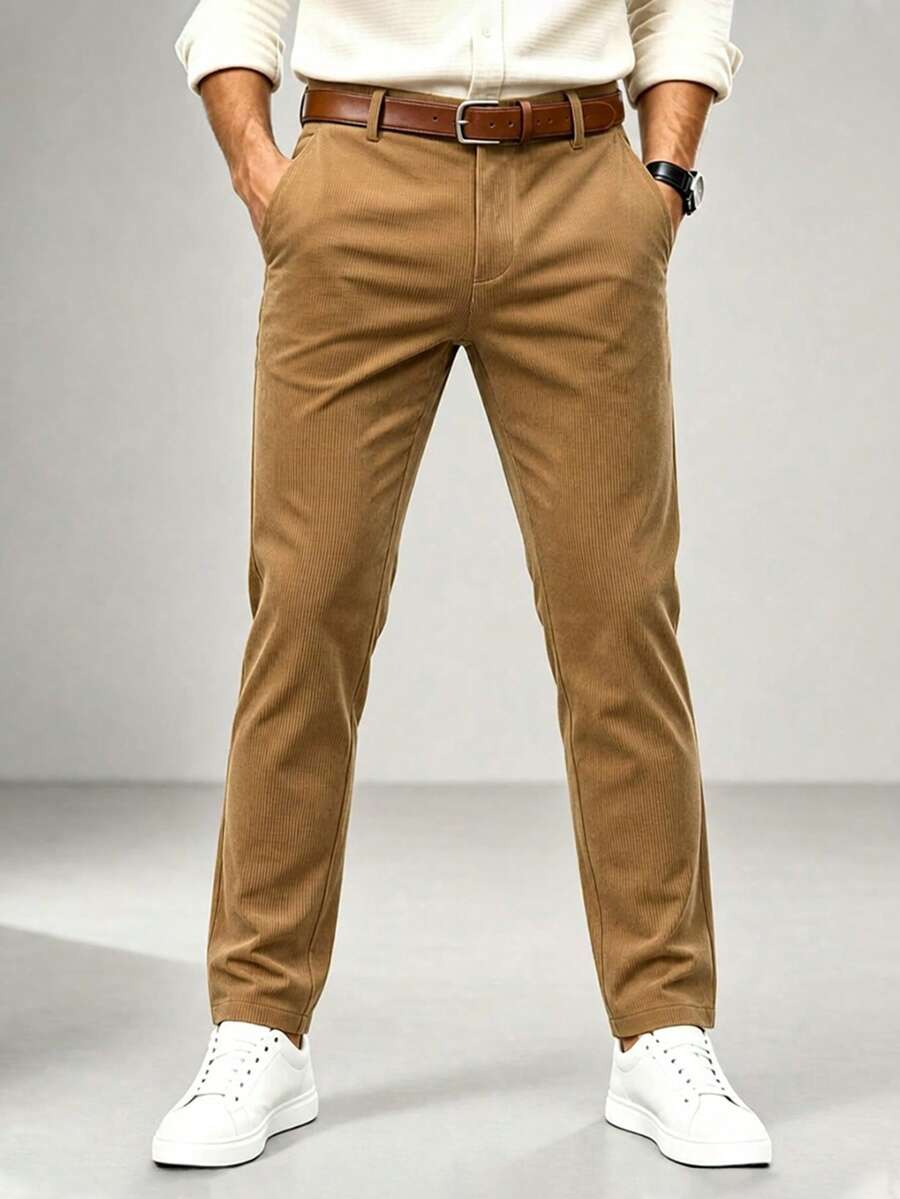 Men's Vintage Corduroy Suit Pants, Old Money Style Casual Trousers, Suitable For Workplace And Street Wear - Khaki - View 1