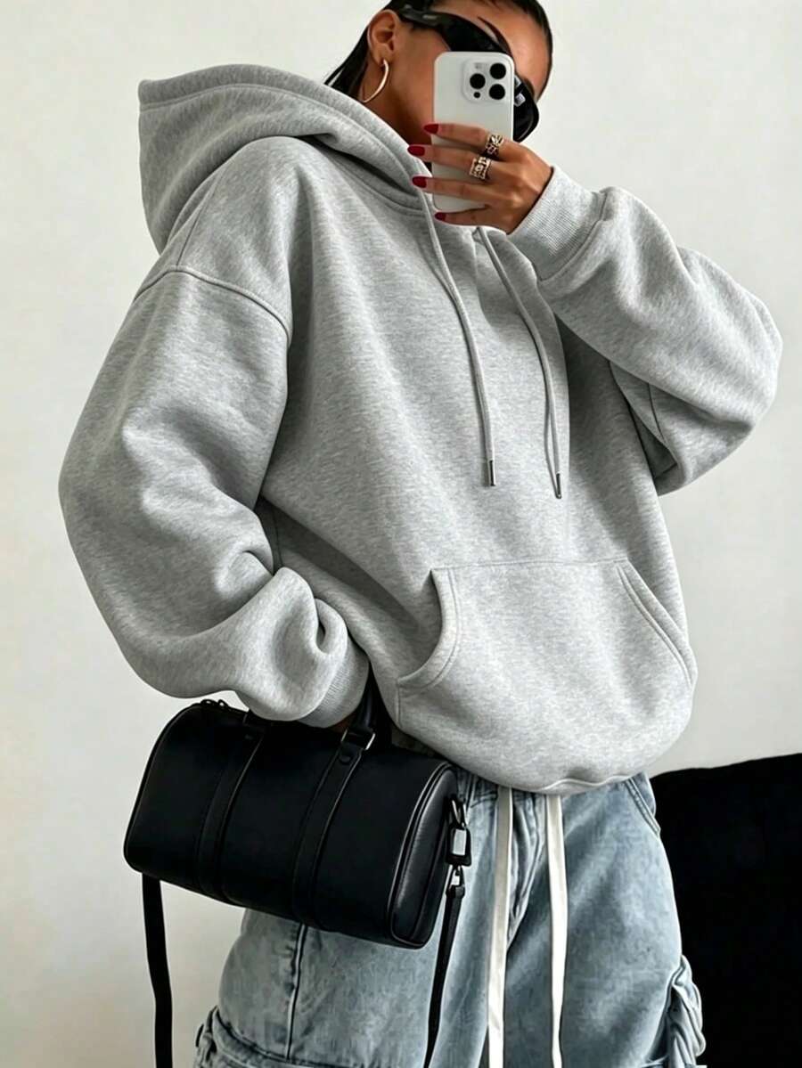 Sweatshirt Hoodie Longgar Wanita Warna Abu-abu Polos, Lengan Panjang dengan Tali Serut dan Saku, Potongan Kasual Longgar, Cocok untuk Pakaian Sehari-hari Kembali ke Sekolah - Abu-abu gelap - View 1