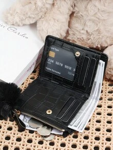محفظة نسائية عصرية بنقشة حجرية مع سحاب، مزينة بكرة فرو صغيرة، محفظة قصيرة قابلة للطي مع إبزيم لتخزين النقود، مناسبة للاستخدام في الأماكن الخارجية - الأسود - مشاهدة 9