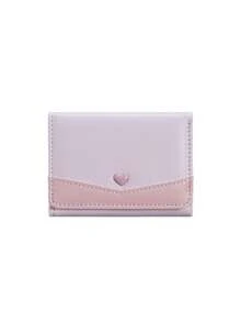 Women's Cute Small Wallet, Heart-Shaped Colorblock Short PU Leather Coin Purse (Light Pink & Light Purple) - Multicolor - View 13