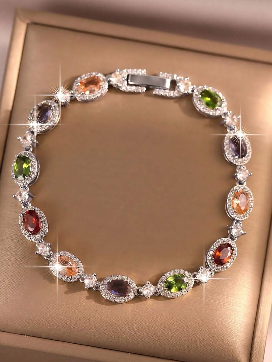 1 buah Gelang Wanita Elegan Berwarna-warni dengan Batu Zirkonia Kubik Bulat yang Indah, Perhiasan Pasangan Berlapis Emas Aneka Warna, Aksesori Serbaguna untuk Pesta dan Pemakaian Sehari-hari, Hadiah Ulang Tahun/Ulang Tahun Pernikahan untuk Pacar/Pasangan - Gelang - View 1