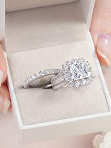 AIHUASI 2pcs/Set 925 Sterling Silver Women's Wedding Ring, Vintage Style, 7.5*7.5mm 2.5ct Princess Cut High-Grade Cubic Zirconia, Luxury Bridal Jewelry Gift - Silver - View 10