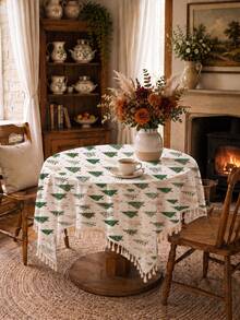 1pc Simple Pastoral Style Green Christmas Tree Pattern Tassel Lace Tablecloth, Single-Sided Printed Polyester Cotton Material, Winter Christmas Festival Atmosphere Rectangular, Square, Round Home Decor Dining Table Cloth, Suitable For Various Occasions Including Family Daily Activities, Birthday Parties, Holiday Gatherings Restaurant Tabletop Decoration - Multicolor - View 6