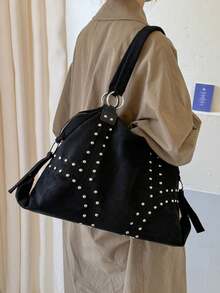Tote Bag, Exquisite Rivet Decor, Large Capacity Design With Zipper Closure, Vintage Casual Style Shoulder Bag, Versatile For Daily Commute, Shopping, Dating, Travel, Niche Aesthetic Accessory Women's Bag - Black - View 5