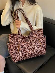 New Vintage Casual Leopard-Print Multi-Pocket Shoulder Tote Bag: Versatile, Large-Capacity Handbag For Fall/Winter-Perfect For Commuting And College - Brown - View 5