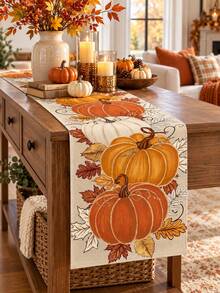 1pc Pumpkin Fall Table Runner, Rustic Autumn Linen Table Runner, Rectangular Farmhouse Thanksgiving Table Decor, Harvest Pumpkin Leaf Dining Tablecloth Runner For Fall Thanksgiving Dinner Party Home Kitchen - Multicolor - View 3