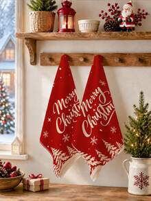 2pcs Christmas Simple Red Forest Reindeer Illustration Merry Christmas Pattern Kitchen Towels, Soft Polyester Material Dish Cloths, Suitable For Kitchen Decor, Kitchen Cleaning, Holiday Party Decoration, Kitchen Bathroom Supplies Home Essentials, Home Decor, Housewarming Gift - Multicolor - View 5