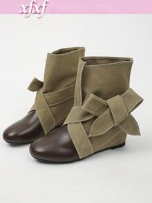 XfxfA Pair Of Women's Spliced Mid Heeled Boots With Cross/Strap/Bow Toe, Suitable For Daily Casual/Shopping/Travel Wear. - Khaki - View 1