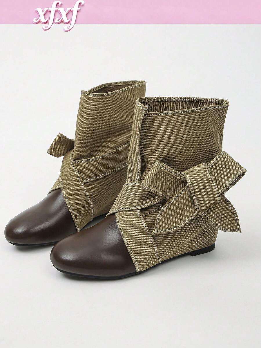 XfxfA Pair Of Women's Spliced Mid Heeled Boots With Cross/Strap/Bow Toe, Suitable For Daily Casual/Shopping/Travel Wear. - Khaki - View 1