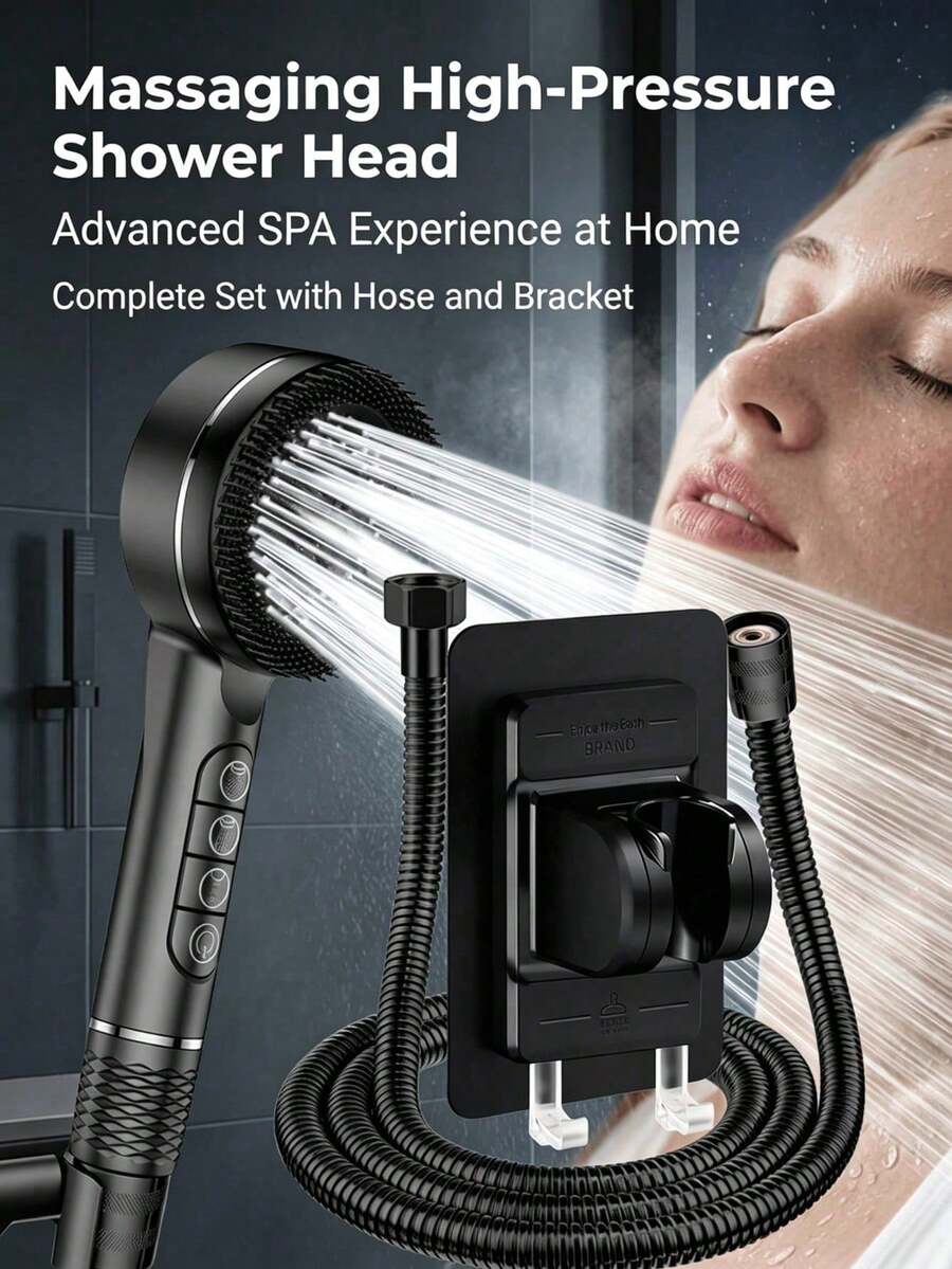 (3pcs Set) Home Pressurized Shower Head, 4-Way Adjustable, 1.5m Stainless Steel Hose, Drill-Free ABS Shower Bracket With Hook For Hanging Bath Sponge, Bathroom Accessories Or Bathing Tools - Black - View 1