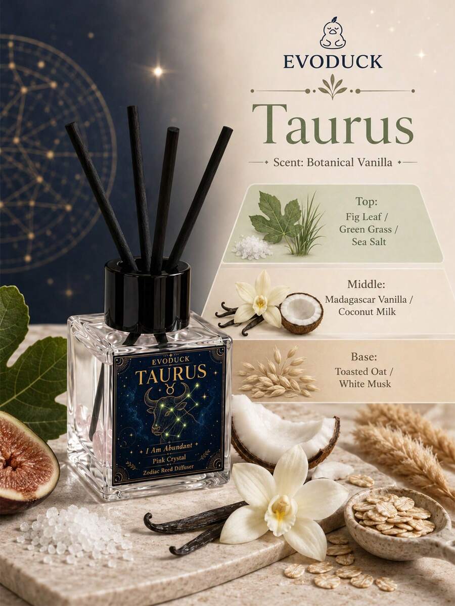 EVODUCK 1pc Smokeless Taurus Zodiac Crystal Reed Diffuser 50ml, Botanical Vanilla Fragrance Oil With Pink Crystal & 4 Fiber Reeds, Flameless Scented Diffuser For Bedroom Nightstand Vanity, Zodiac Birthday & Christmas Gift For Her, Home Fragrance Decor