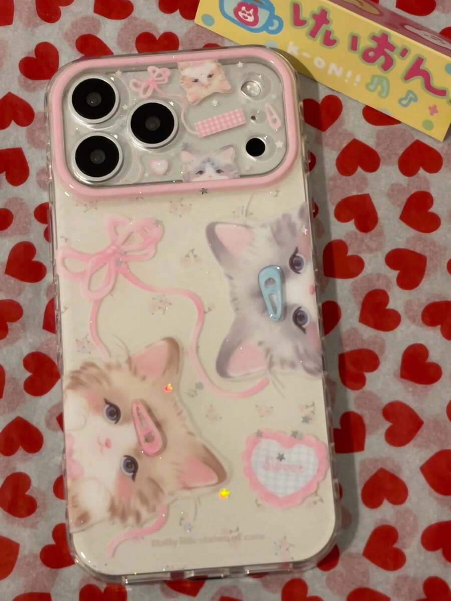 Girl Heart Hair Clip Cute Cat Design Compatible With Apple 17 Phone Case 17 Pro Max New 16 Premium Feel 15 Protective Cover 16 Pro Silicone Anti-Drop Full Coverage Super Pretty Women Soft - Pink - View 1