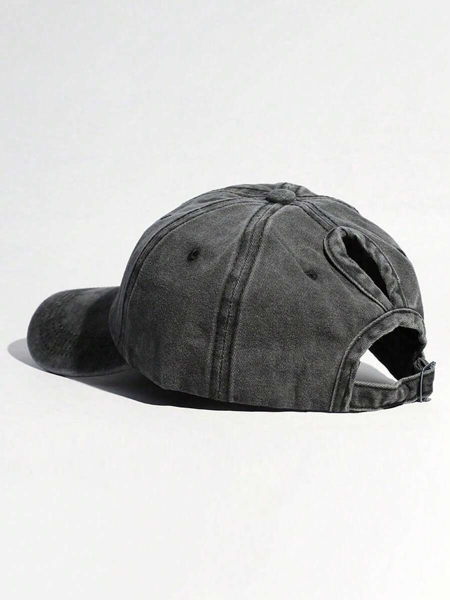 Y2K 1pc Unisex Solid Color Ponytail Baseball Cap, Washed, Sun Protection, Breathable, Adjustable Size, New Versatile Style For Daily Casual Wear And Sun Shading - Black - View 1