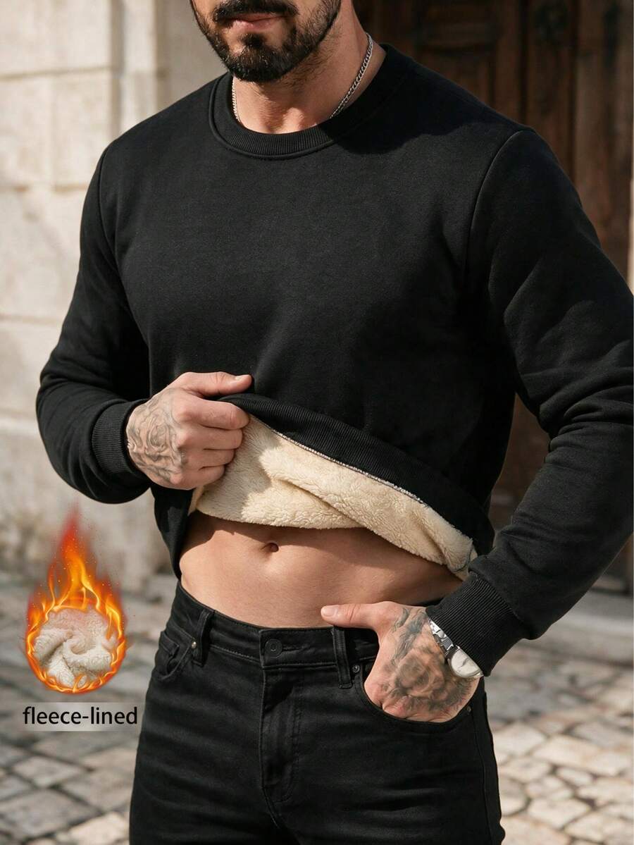 Men's Autumn/Winter Fashion Casual Crew Neck Solid Color Thermal Lined Pullover Long Sleeve Sweatshirt - Black - View 1