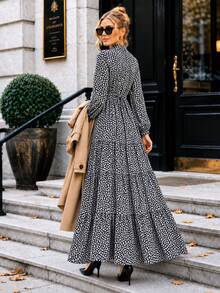 Women's A-Line Floral Maxi Dress With Long Sleeves - Navy Blue - View 3