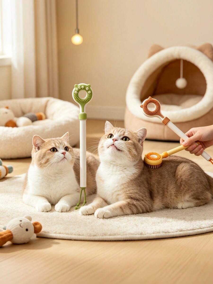 1pc 3-In-1 Retractable Cat Grooming Tool, Multi-Sided Massage & Itch Relief Stick With Interactive Cat Teaser, Suitable For Indoor Cats, Gentle Pet Deshedding Brush, Retractable Comb Teeth, One-Click Cleaning, Detangling & Anti-Frizz Styling Comb - Ornaments - View 1