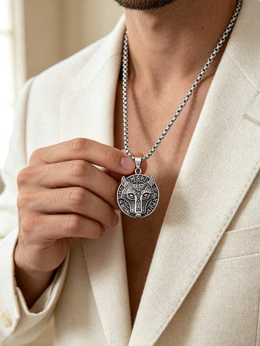 1pc Fashionable European & American Vintage Personalized Hip Hop Round Celtic Wolf Head Pendant Necklace, Suitable For Men's Daily Street Party Wear - Antique Silver - View 1