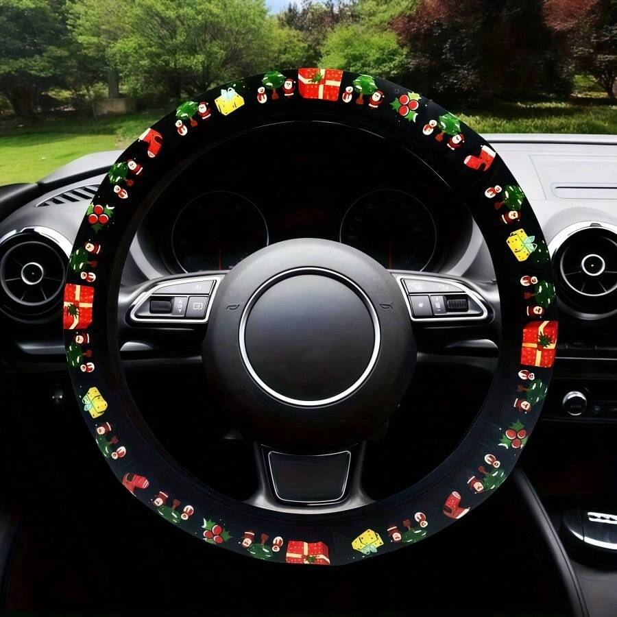 1pc Christmas Style Car Steering Wheel Cover, Breathable Skin-Friendly Durable Holiday Style Steering Wheel Protector, Car Interior Decor Christmas Atmosphere Accessory - Christmas Style Car Steering Wheel Cover - View 1