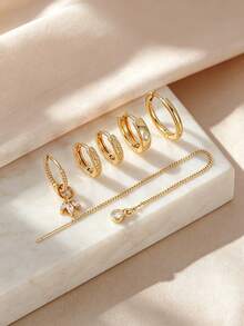 6Pcs Women Gold Ear Stacking Earrings, CZ Inlaid Huggie Hoops & Chain Threader Dangle Piercing Jewelry Gift - Yellow Gold - View 2