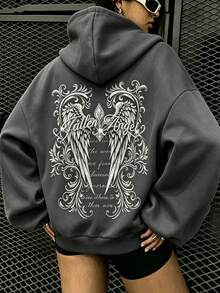 Vintage Angel Wings Rhinestone Sweatshirt, Street Style Loose Drop Shoulder Long Sleeve Top, Floral Print Pullover Sweatshirt - Grey - View 1