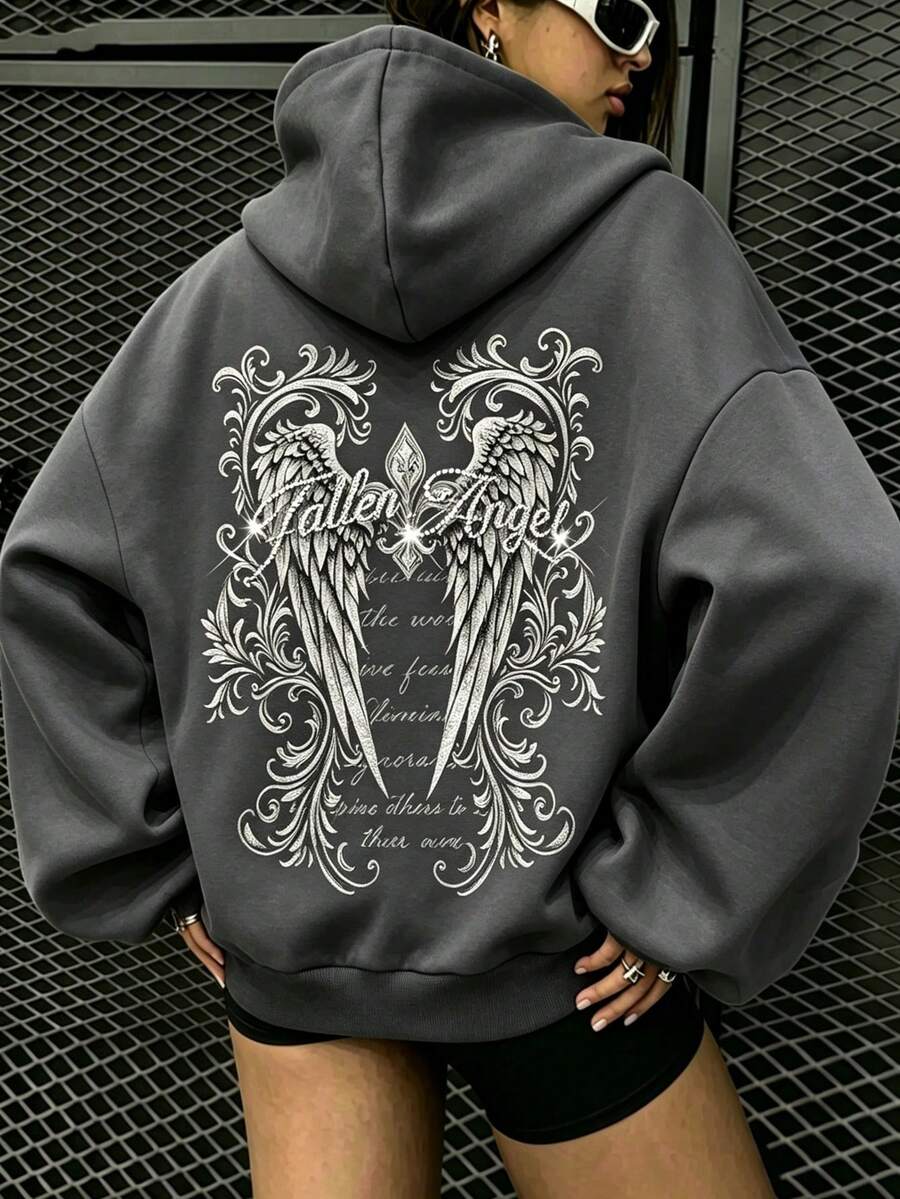 Vintage Angel Wings Rhinestone Sweatshirt, Street Style Loose Drop Shoulder Long Sleeve Top, Floral Print Pullover Sweatshirt - Grey - View 1