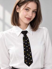 1pc Women's Zipper Style Pearl & Star Embellished Fashion Casual Outfit With Tie - Black - View 2