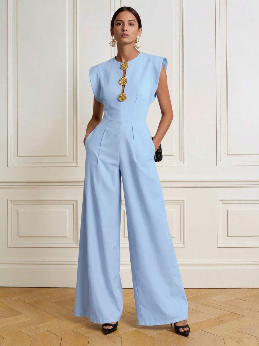 Casual Elegant Minimalist Solid Color Woven Fabric Front Button Zipper Pocket Jumpsuit, Suitable For Office Wear Spring/Summer - Light Blue - View 1