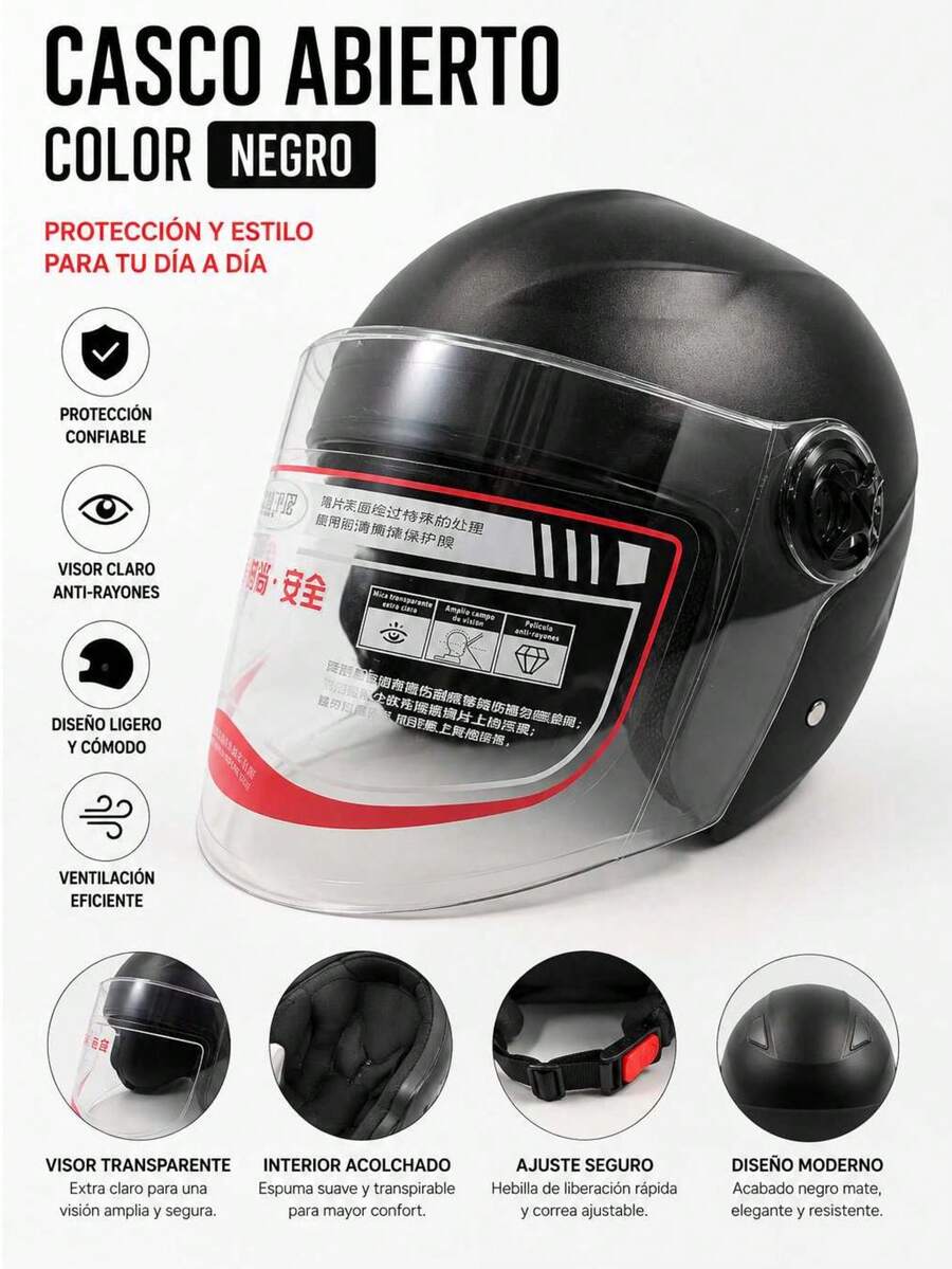 Casco Abierto para Motocicleta y Bicicleta Eléctrica, Visor Transparente Antiarañazos, Interior Acolchado, Protección para Uso Urbano Diario - A - Ver 1