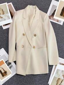 Spring/Summer Women's Solid Color Long Sleeve Double-Breasted Blazer, Notch Lapel | White - White - View 9