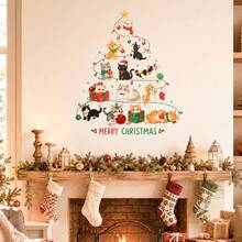 Christmas Cat Tree Wall Decal, Cute Cat Christmas Tree Sticker, Holiday Christmas Wall Decor, Living Room Fireplace Home Decoration - Christmas Wall Decals - View 1