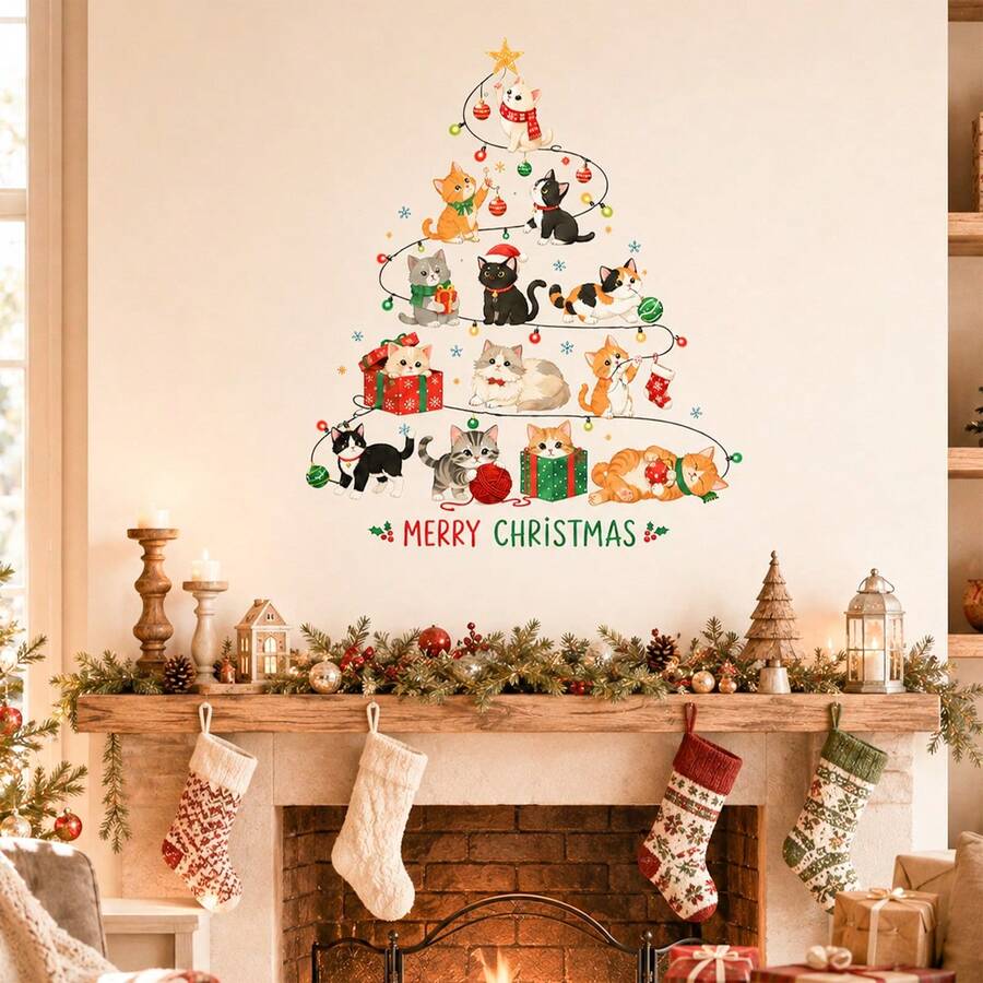 Christmas Cat Tree Wall Decal, Cute Cat Christmas Tree Sticker, Holiday Christmas Wall Decor, Living Room Fireplace Home Decoration - Christmas Wall Decals - View 1