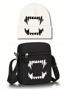 1pc/2pcs Halloween Vampire Teeth Print Knit Beanie Hat & Crossbody Bag Set, Unisex Printed Fall Winter Streetwear Accessories For Men Women - Multicolor - View 18
