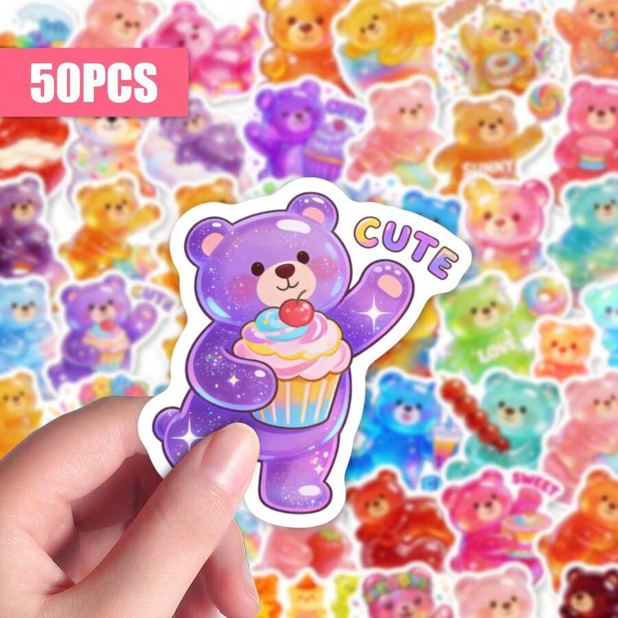 50pcs Cute Soft Candy Bear Stickers, Aesthetic Style Vinyl Stickers Suitable For Water Bottles, Laptop Phone Cases Skateboard Guitar, Sweet Bear Sticker Pack Suitable For Teenagers Adults DIY Scrapbook Journal Computer Decoration, Waterproof Sticker Set Suitable For Personalized Water Cup Notebook Bicycle - Multicolor - View 1