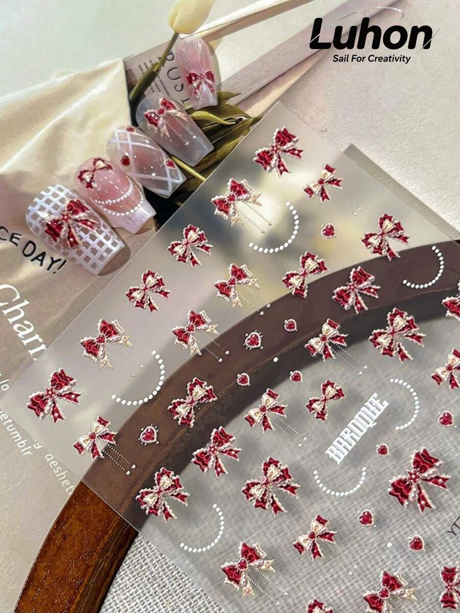 1pc/1set French Luxury Aesthetic Stickers, Vintage Red Bow & Pearl Decor Design, Suitable For Laptop, Planner, Sticker Book, Water Bottle, Camera, Phone Case, Earphone Decoration Accessories