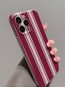 1件 極簡甜美風條紋圖案穿孔亮面膜全包覆硬殼手機殼，適用於 iPhone 11/12/13/14/15/16 Pro Max - 彩色 - 查看 3