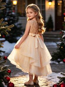 Tween Girl Sleeveless Sequin Mesh Big Hem Trailing Princess Party Dress, Teens Bridesmaid Wedding Formal Gown - Gold - View 8