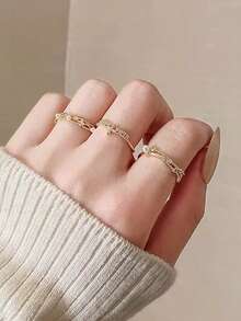 6pcs Minimalist Fashion Cubic Zirconia Faux Pearl Leaf Copper Alloy Open Rings Suitable For Women's Daily Wear And Gatherings (Gift Box Not Included) - Yellow Gold - View 5