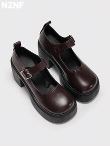 NZNF Women's Solid Color College Style PU Shoes With Buckle Strap, Thick Sole And Chunky Heel, Daily Commute Shoes - Coffee Brown - View 3